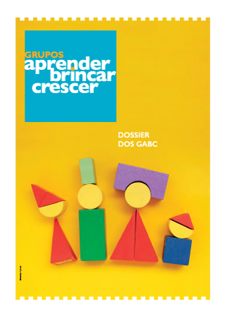 Imagem com bonecos feitos com figuras geométrica, logotipo azul Grupos aprender brincar crescer, Dossier dos GABC